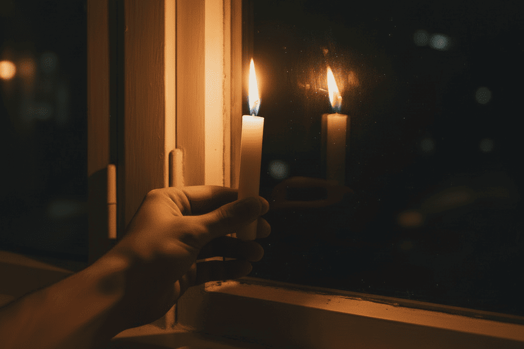 Candle flame test demonstrating air leakage around window frame - simple DIY method to detect drafts