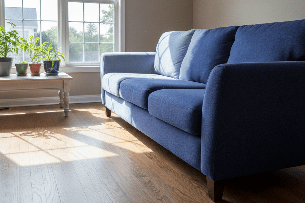 UV damage to hardwood flooring showing fading pattern from window exposure - sign of inadequate Low-E coating