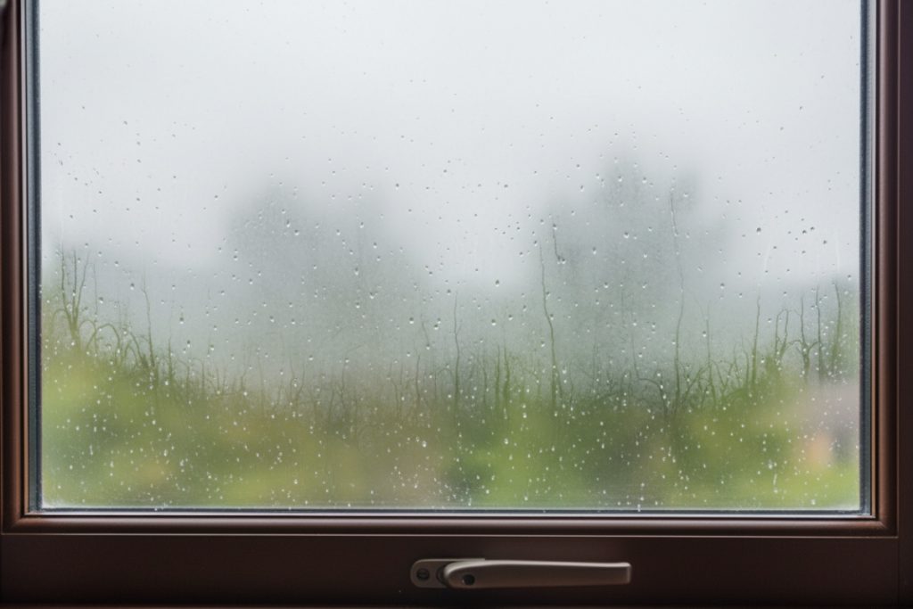 Foggy window with condensation between glass panes indicating seal failure and need for replacement