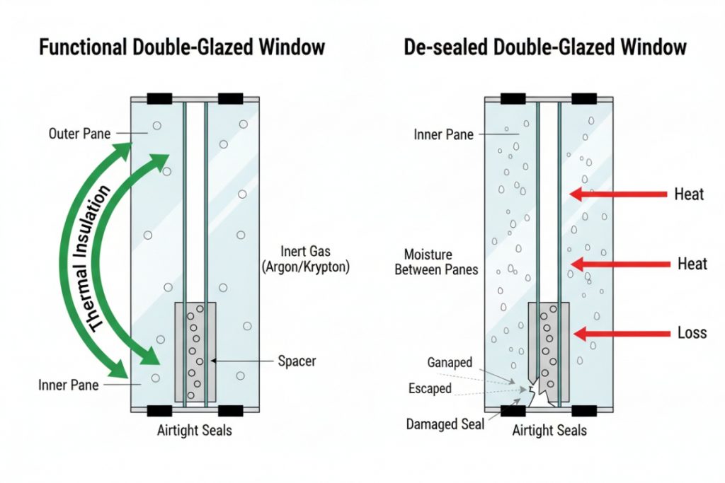 Cross-section diagram showing intact vs failed window seal with moisture infiltration and gas loss