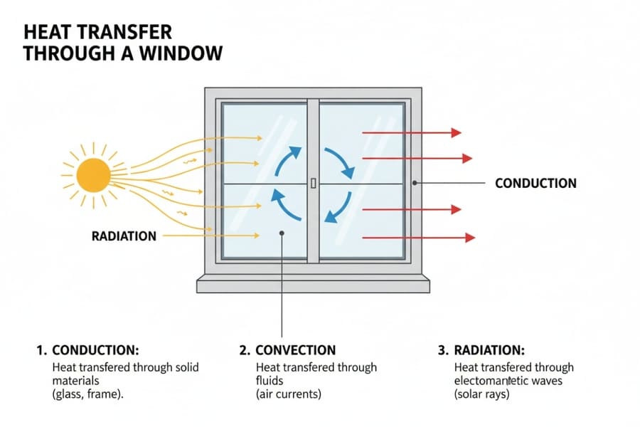 Heat transfer diagram showing conduction convection radiation through window glass with arrows and temperature indicators