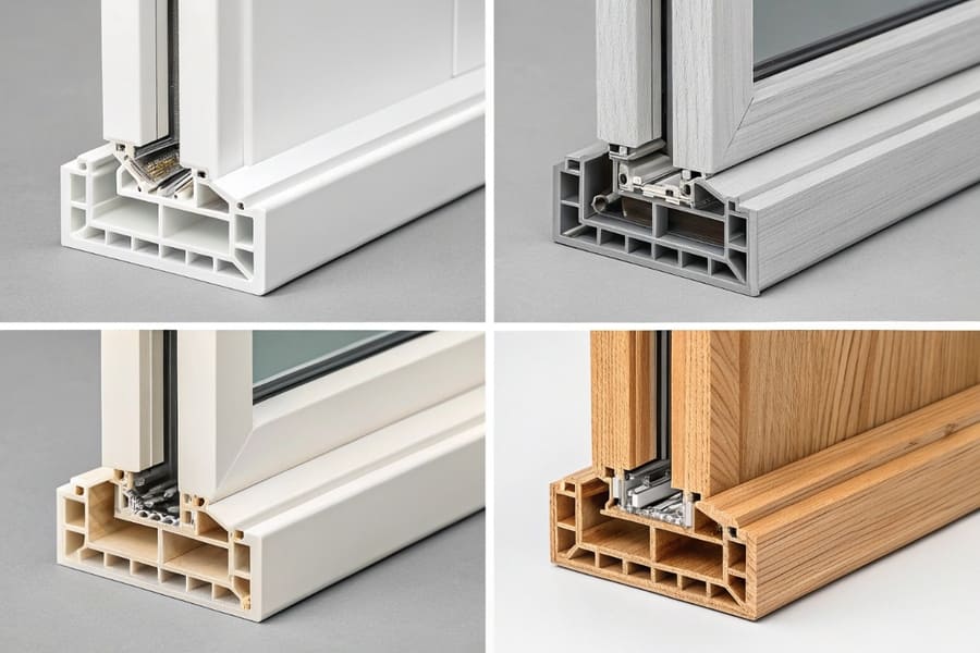 Window frame materials comparison vinyl fiberglass wood clad-wood close-up showing texture and construction details