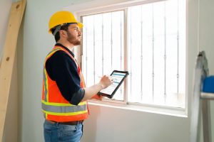 Professional window replacement specialist inspecting residential window frame for damage and wear