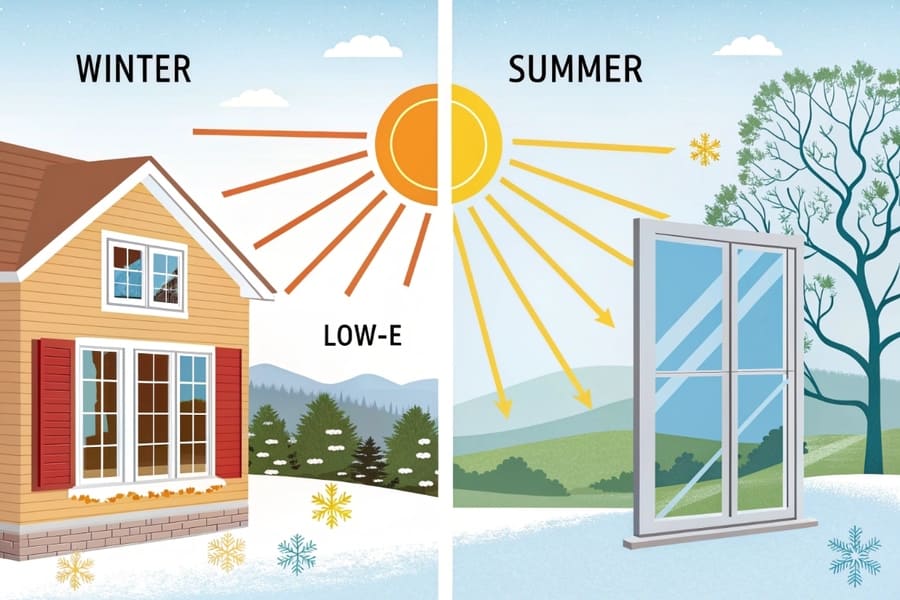 Low-E window coating diagram blocking summer heat and reflecting winter warmth with UV protection illustration