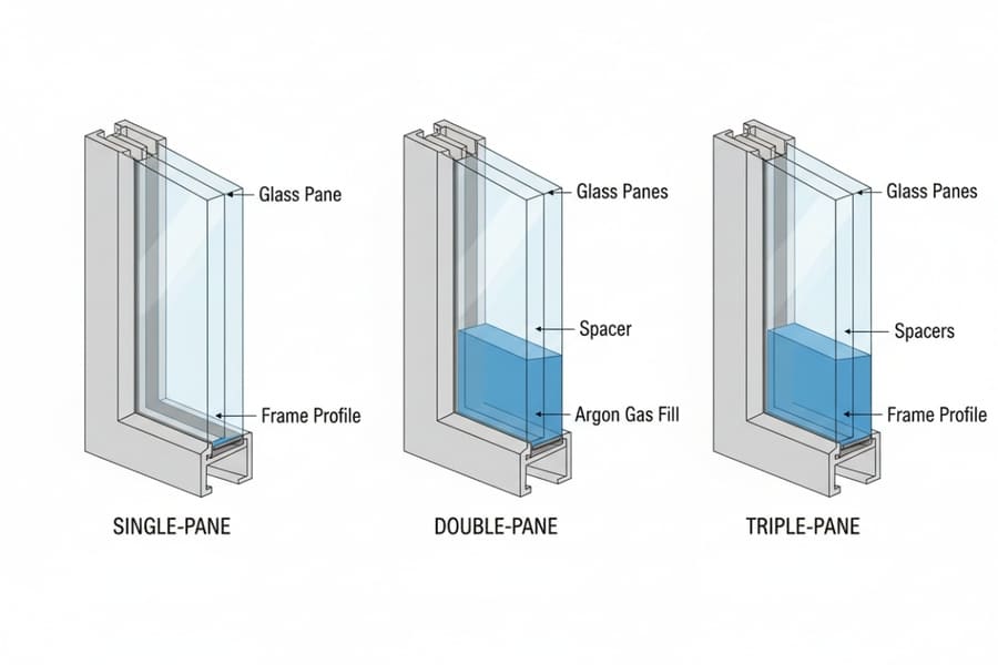 Window cross-section comparison single-pane double-pane triple-pane glass units with argon gas fill and insulation layers