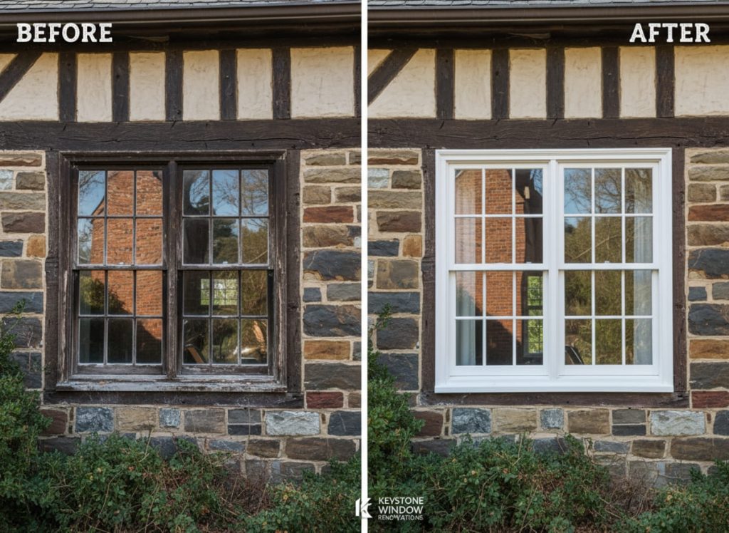 Before and after window replacement on an A-frame vacation property in Mount Pocono PA — extreme-climate rated units installed by Monarch Contractors, Monroe County