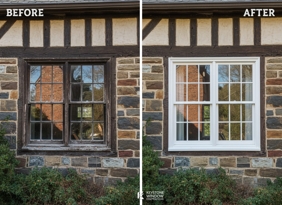 Before and after window replacement on an A-frame vacation property in Mount Pocono PA — extreme-climate rated units installed by Monarch Contractors, Monroe County
