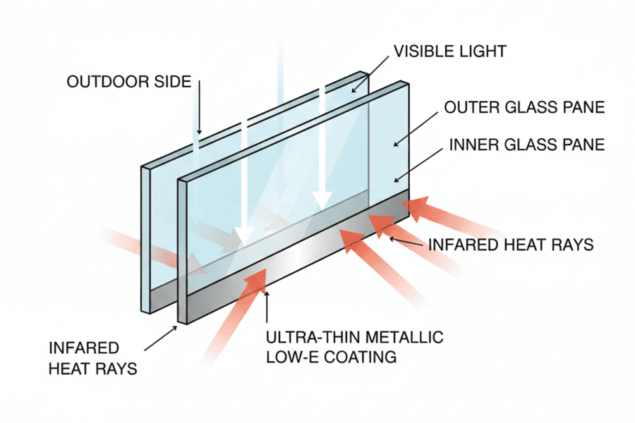 Cross-section diagram of Low-E window coating showing microscopic metallic layers that reflect heat