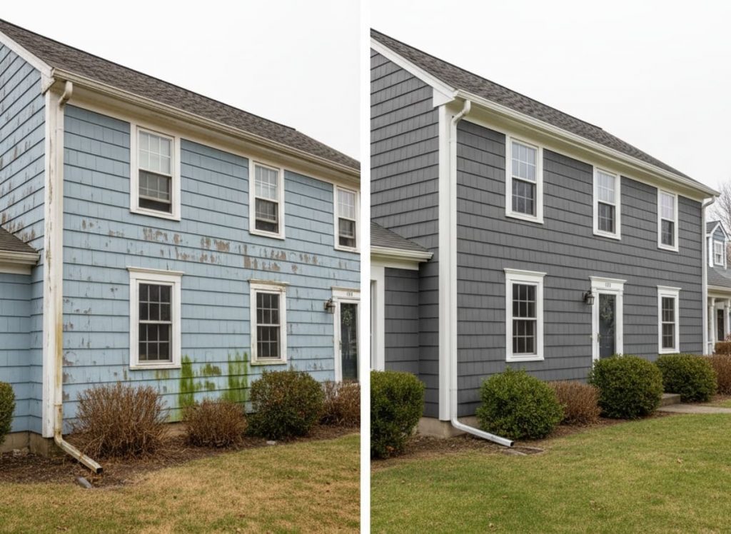 Deteriorated original wood siding with failed paint and rot on a Victorian home in Doylestown Borough PA before-after restoration