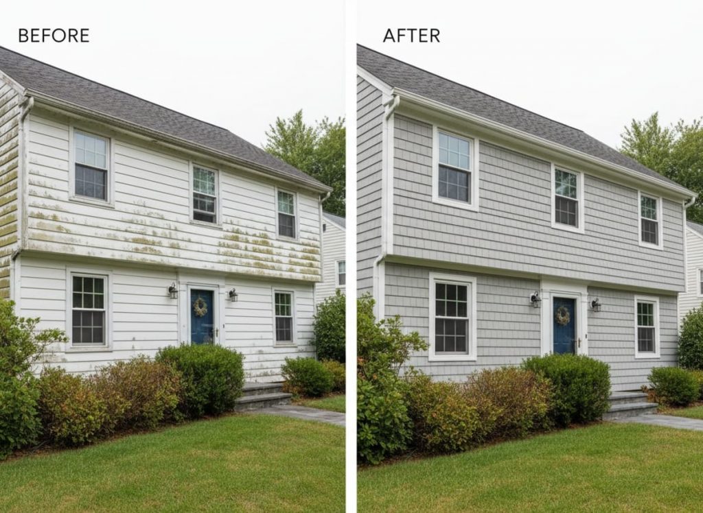Severely deteriorated original 1950s aluminum siding on Cape Cod home in Levittown PA before and after replacement