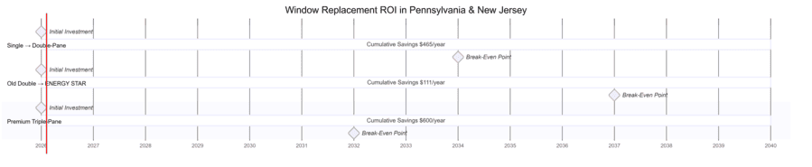 Gantt timeline chart showing realistic payback periods for different window replacement scenarios in Pennsylvania and New Jersey homes.