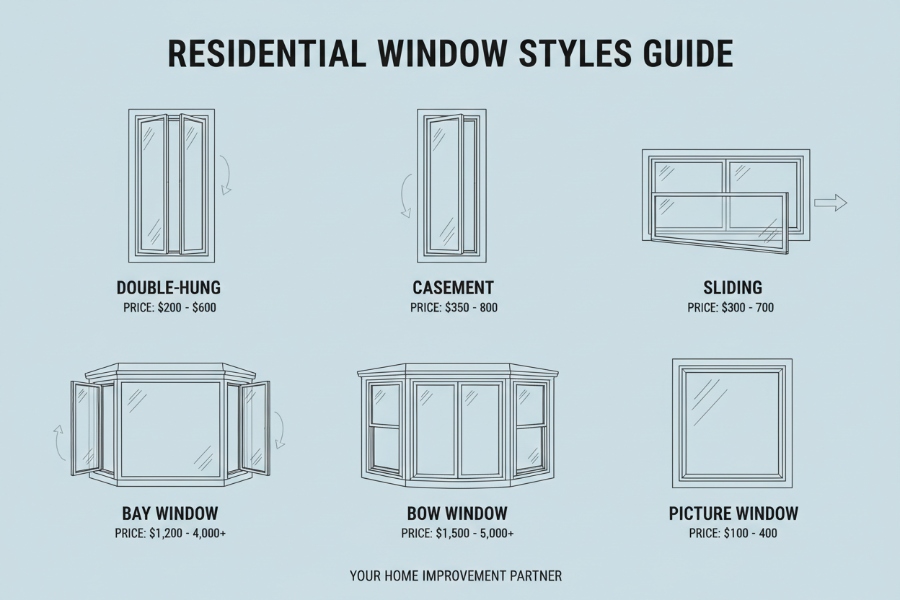Guide to six common window styles for home replacement: double-hung, casement, sliding, bay, bow, and picture windows with price ranges