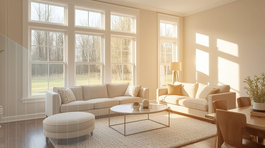 Living room with new energy-efficient windows and a utility bill showing reduced energy costs