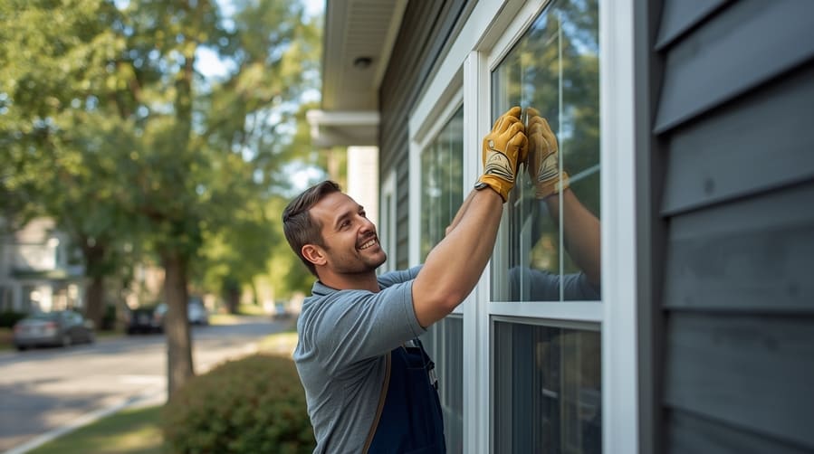 Technician installing new windows on a suburban Pennsylvania home exterior