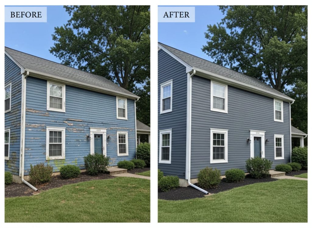Warped and cracked 1970s vinyl siding on a Ranch home in Bensalem PA before and after replacement