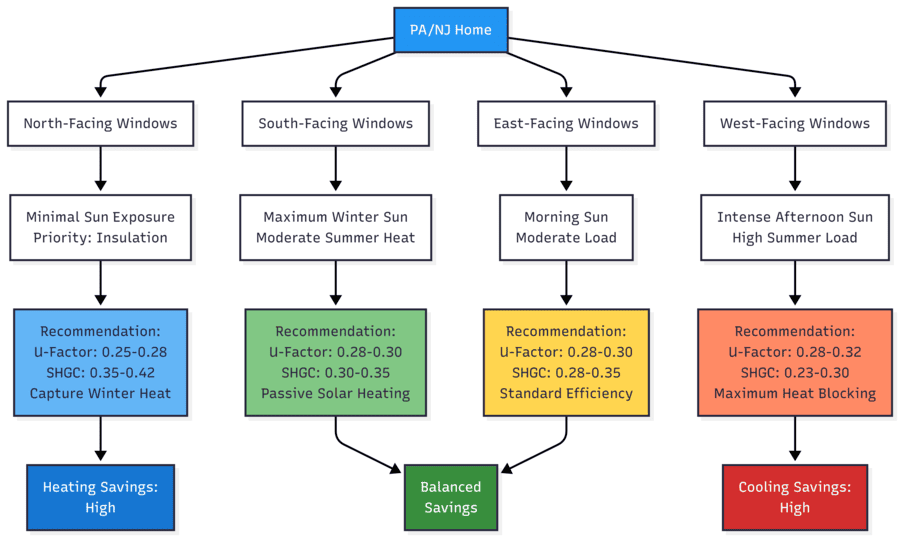 Practical guide for selecting different window specifications based on cardinal orientation of home walls in Pennsylvania and New Jersey