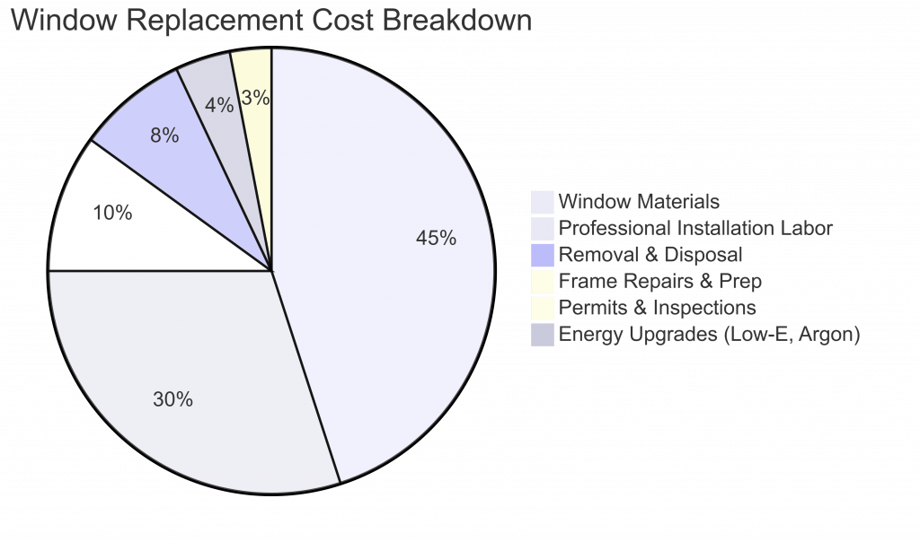 Pie chart breakdown of window replacement costs showing materials, labor, removal, repairs, and permit expenses for PA and NJ projects
