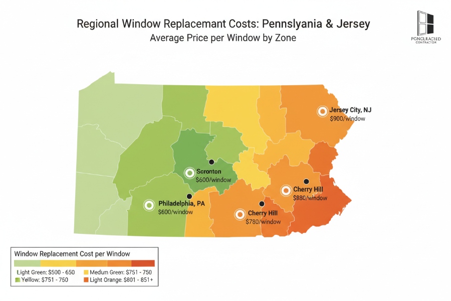 Regional window replacement cost map for Pennsylvania and New Jersey showing pricing variations across major cities in 2026