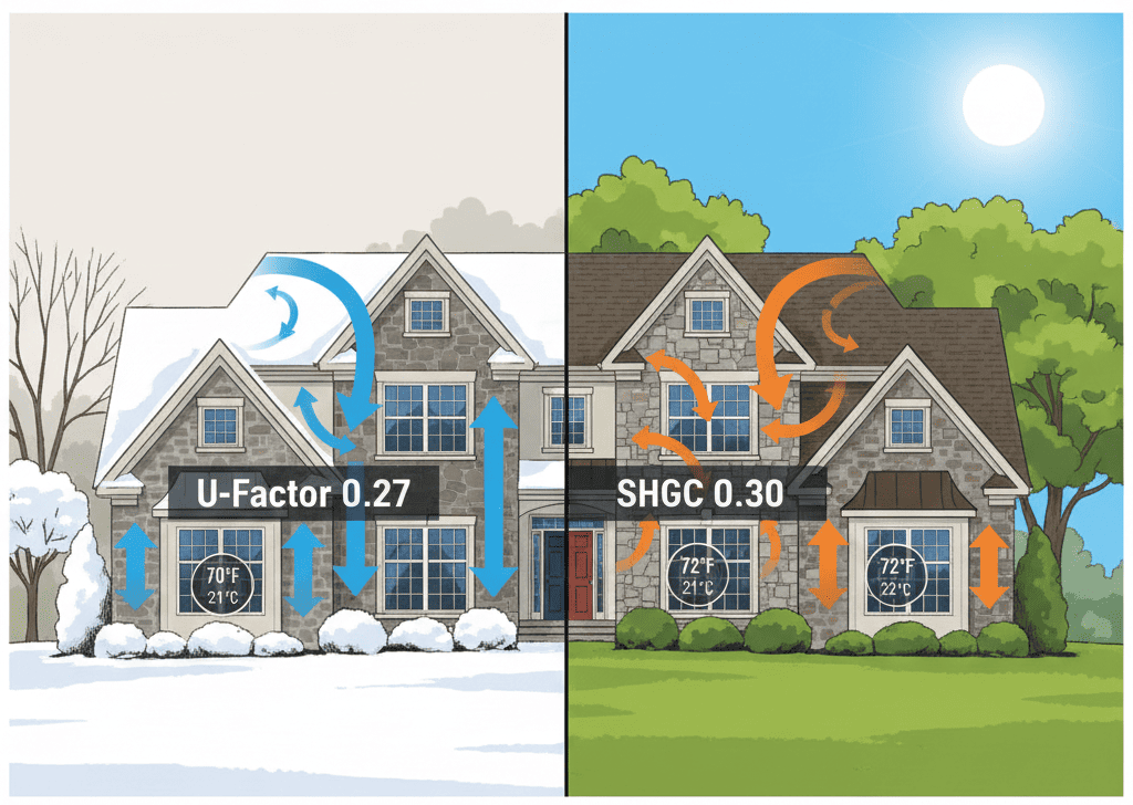 Split-view Pennsylvania home showing winter heat retention with low U-Factor and summer heat rejection with low SHGC