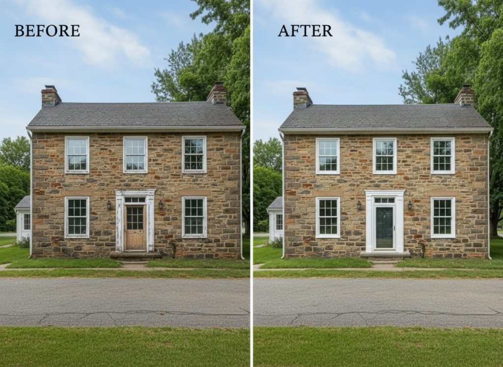 Before and after window replacement on a 1953 Levittowner model home in the Holly Hill section of Levittown, PA — original wood double-hungs and signature picture window replaced with OKNA uPVC vinyl windows by Monarch Contractors