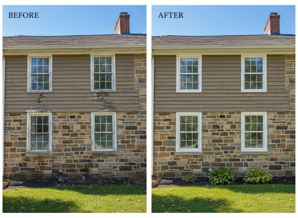 Before and after window replacement on a 1960s split-level home in Kingston Estates, Cherry Hill, NJ — original aluminum-frame double-hungs replaced with OKNA double-hung uPVC vinyl windows by Monarch Contractors