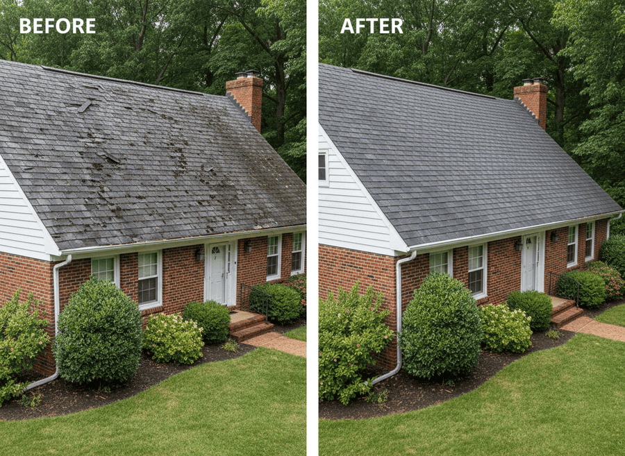 Before and after emergency ice dam repair on an A-frame vacation rental in Mount Pocono PA — porch roof failure, ledger reflash and log wall moisture assessment by Monarch Contractors, Monroe County