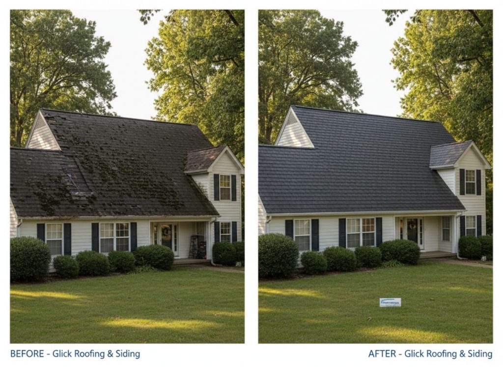 Before and after emergency roof repair on a Bi-level home in Warminster PA — transition flashing failure identified by thermal imaging, reflash and shingle replacement by Monarch Contractors, Bucks County