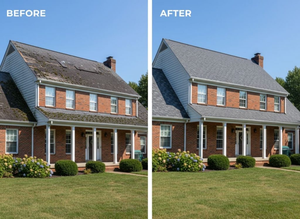 Before and after emergency roof repair on a Levitt Cape Cod in Levittown PA — ice dam damage, deck repair and shingle replacement by Monarch Contractors, Bucks County