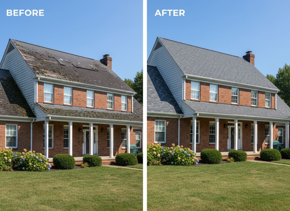 Before and after emergency roof repair on a Levitt Cape Cod in Levittown PA — ice dam damage, deck repair and shingle replacement by Monarch Contractors, Bucks County