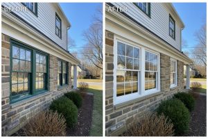 Before and after window replacement on a Colonial home in Moorestown NJ — high-quality insulated vinyl units installed by Monarch Contractors, Burlington County