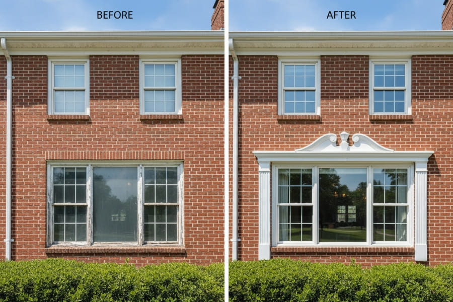 Before and after window replacement on a Colonial home in Warminster PA — double-pane insulated vinyl units installed by Monarch Contractors, Bucks County
