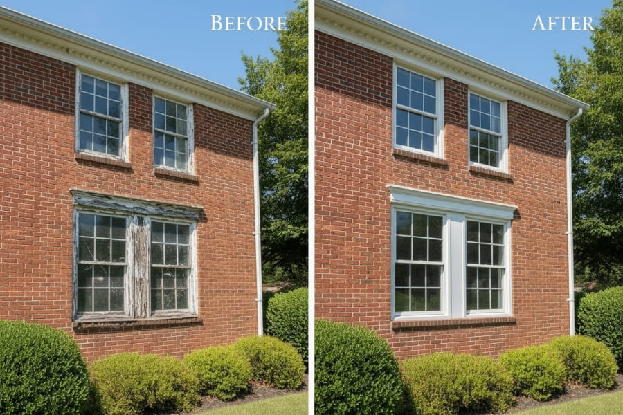 Before and after window replacement on an Academy Hill Victorian residence in Stroudsburg, PA — original wood double-hung sash replaced with profile-matched OKNA uPVC vinyl windows after HARB Certificate of Appropriateness approval by Monarch Contractors