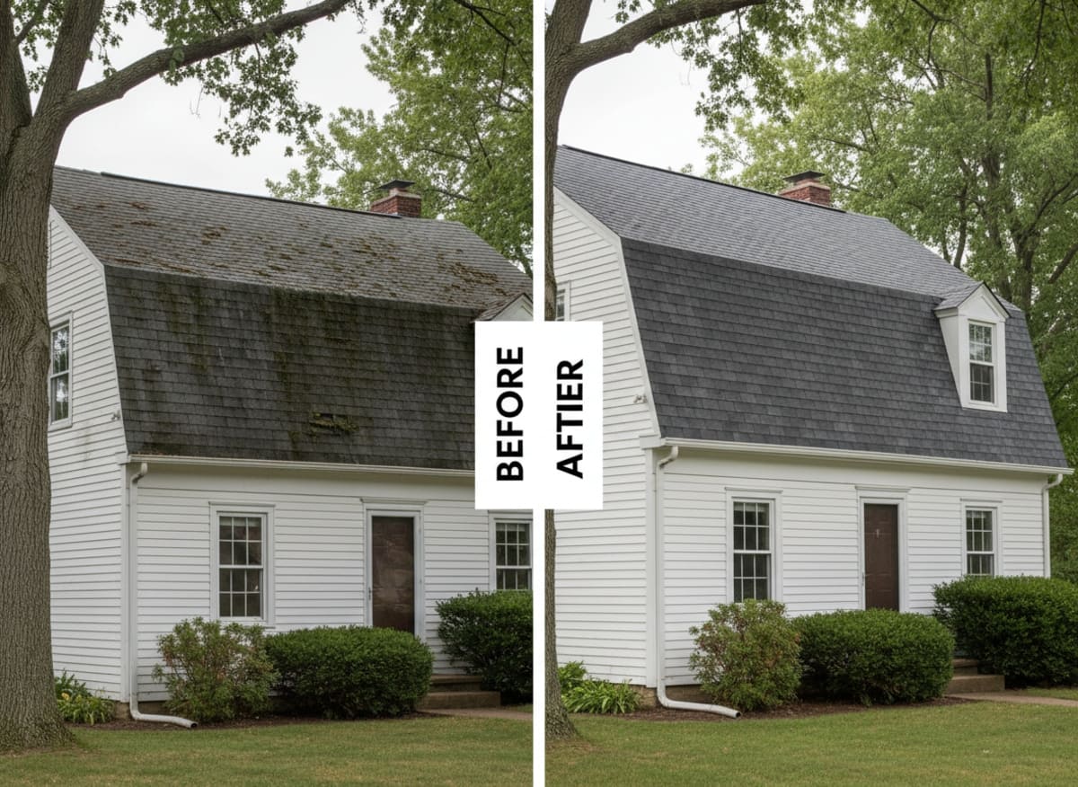Before and after emergency roof repair on a Colonial home in Cherry Hill NJ — wind damage, shingle replacement and flashing repair by Monarch Contractors, Camden County