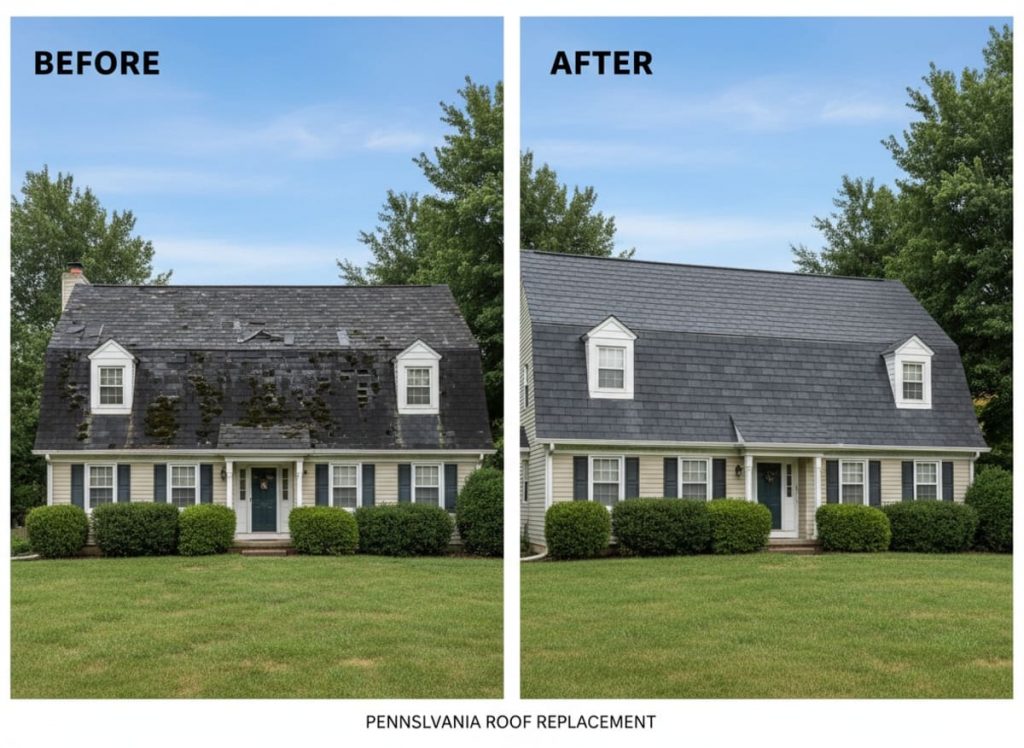 Before and after emergency roof repair on a Colonial home in Mount Laurel NJ — HOA-compliant ridge and flashing repair by Monarch Contractors, Burlington County