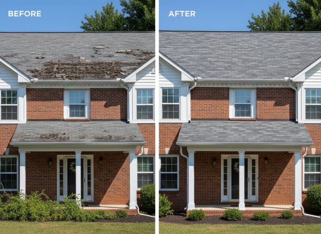 Before and after emergency flat roof repair on a commercial building in Stroudsburg PA — blocked drain, membrane failure and modified bitumen patch by Monarch Contractors, Monroe County