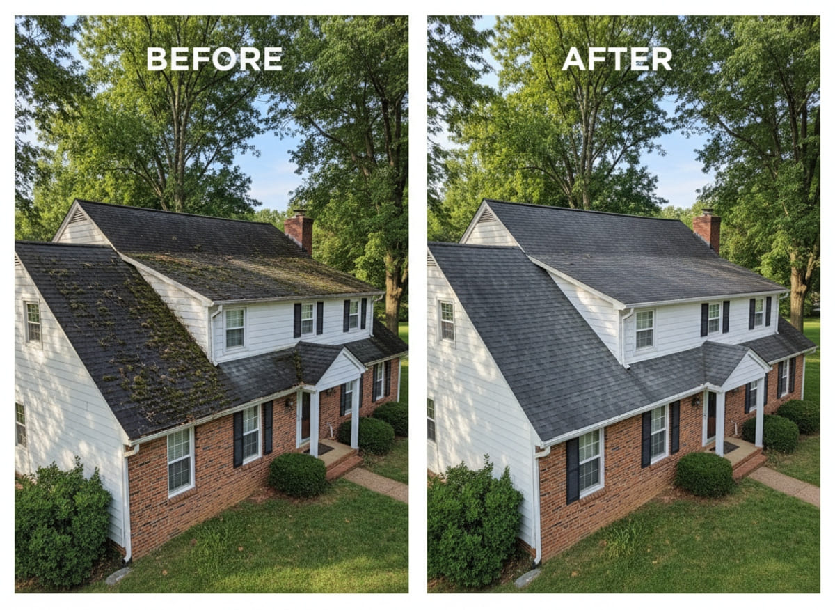 Before and after emergency flat roof repair on a South Philadelphia row home — TPO membrane patch and flashing repair by Monarch Contractors, Philadelphia County