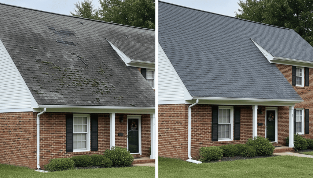 Before and after emergency roof repair on a log cabin in Canadensis PA — branch impact, rafter repair and moss-damaged shingle replacement by Monarch Contractors, Monroe County