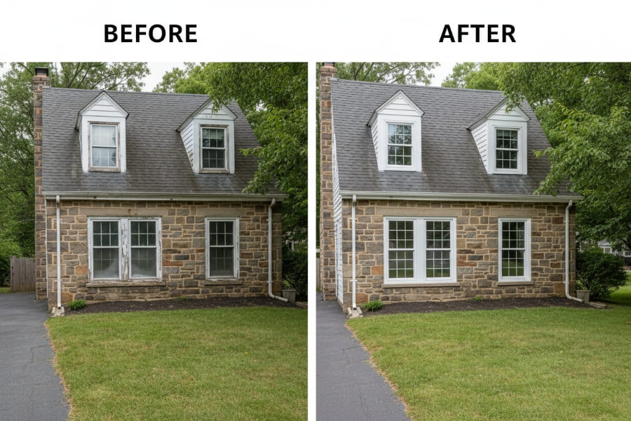 Before and after window replacement on a log cabin in Canadensis PA — forest-rated metal-clad units installed by Monarch Contractors, Monroe County