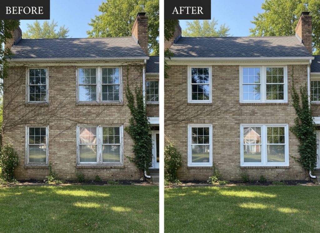 Before and after window replacement on a Holiday Village 55+ active adult community home in Mount Laurel, NJ — original double-pane units replaced with OKNA double-hung uPVC vinyl windows with senior-friendly hardware by Monarch Contractors