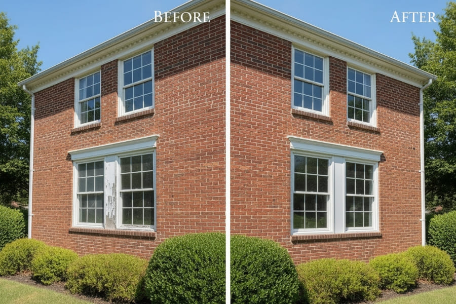 Before and after window replacement on a Ranch home in East Stroudsburg PA — double-pane insulated units installed by Monarch Contractors, Monroe County
