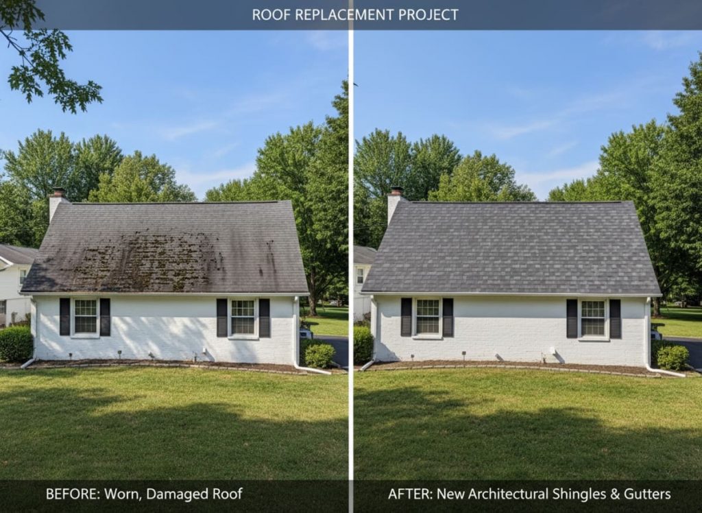 Before and after emergency ice dam roof repair on a Ranch rental property in East Stroudsburg PA — eave damage, sheathing moisture and shingle replacement by Monarch Contractors, Monroe County