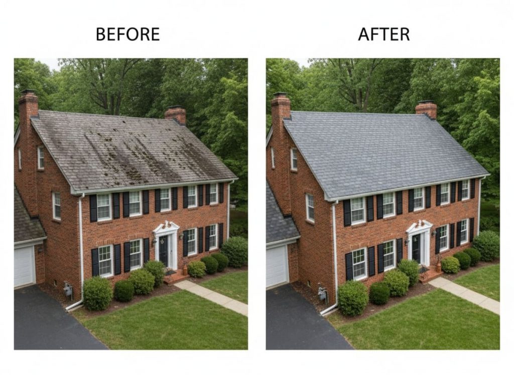 Before and after emergency roof repair on a Ranch home in Bensalem PA — ice dam damage, shingle replacement and eave waterproofing by Monarch Contractors, Bucks County