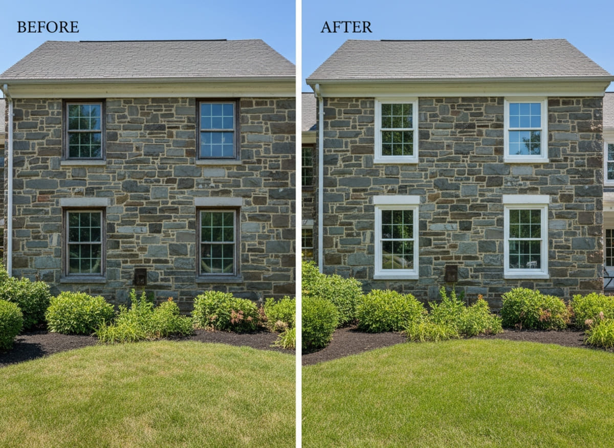 Before and after window replacement on a vacation rental near Camelback Mountain in Tannersville PA — mountain-rated units installed by Monarch Contractors, Monroe County