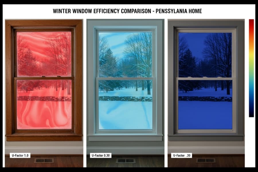 Thermal imaging comparison showing heat loss through single-pane window versus energy-efficient double and triple-pane windows