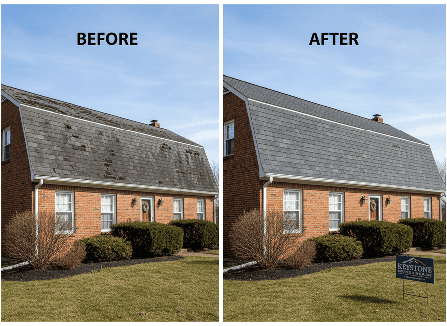 Before and after emergency roof repair on a ski chalet near Camelback Mountain in Tannersville PA — metal panel repair and porch transition reflash by Monarch Contractors, Monroe County