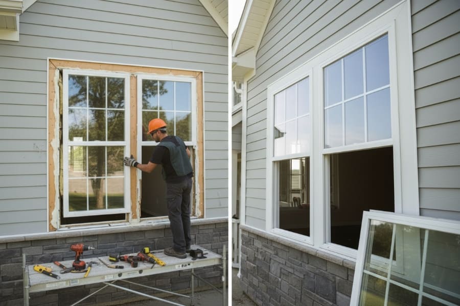 Side-by-side comparison of a poorly installed DIY window and a professionally installed window