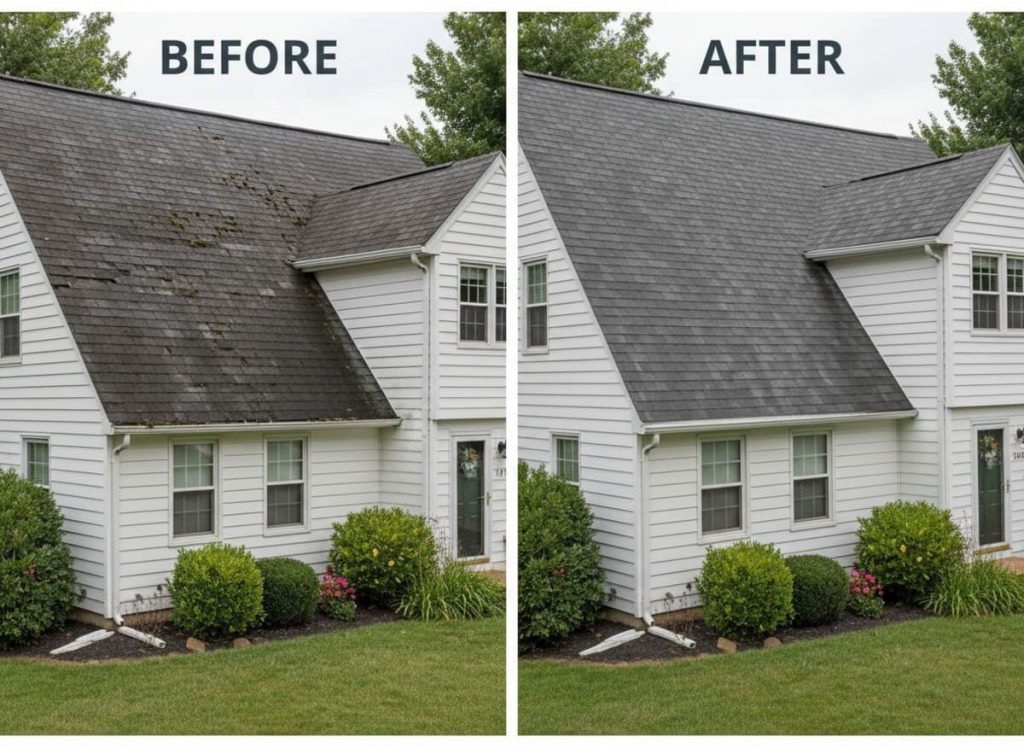 Before and after emergency roof repair on a townhome development in Horsham PA — multi-unit ridge cap and flashing repair by Monarch Contractors, Montgomery County