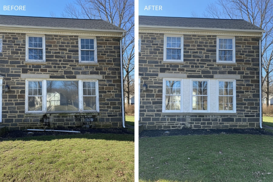 Before and after window replacement on a Toll Brothers custom Colonial in Horsham, PA — original double-pane units replaced with OKNA double-hung uPVC vinyl windows and custom arched transoms by Monarch Contractors