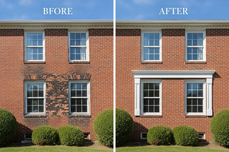 Before and after window replacement on a Tudor home in Abington PA — double-pane insulated units by Monarch Contractors, Montgomery County