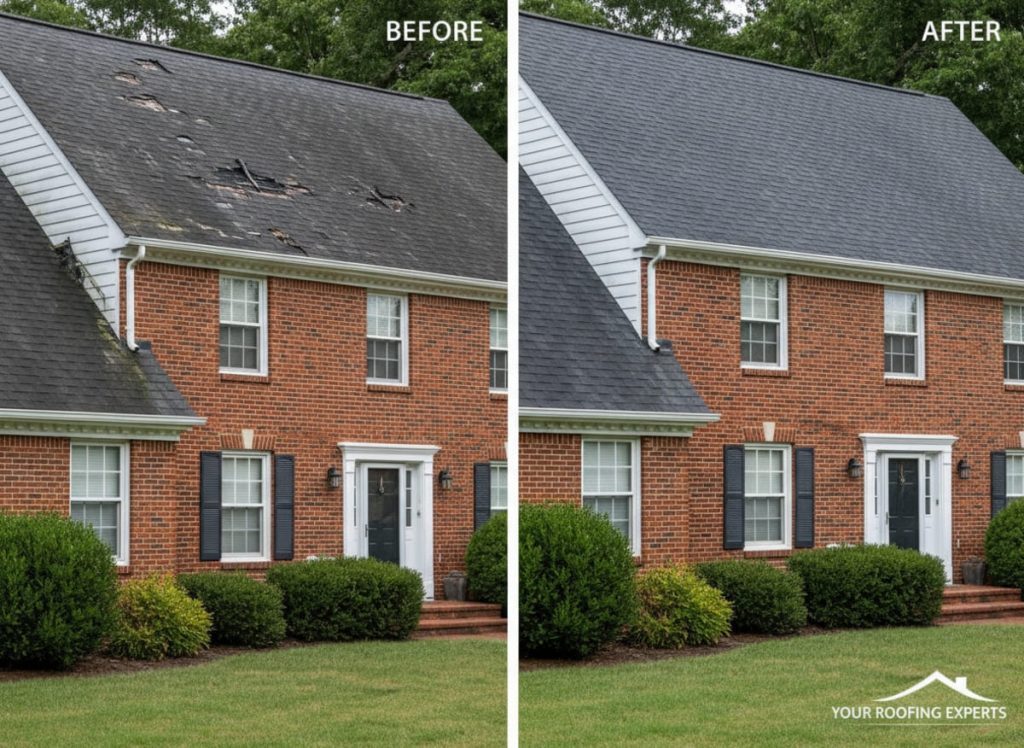 Before and after emergency roof repair on a Tudor home in Abington PA — tree branch impact, rafter repair and slate replacement by Monarch Contractors, Montgomery County